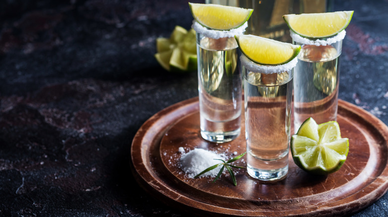 Tequila in shots with lime and salt