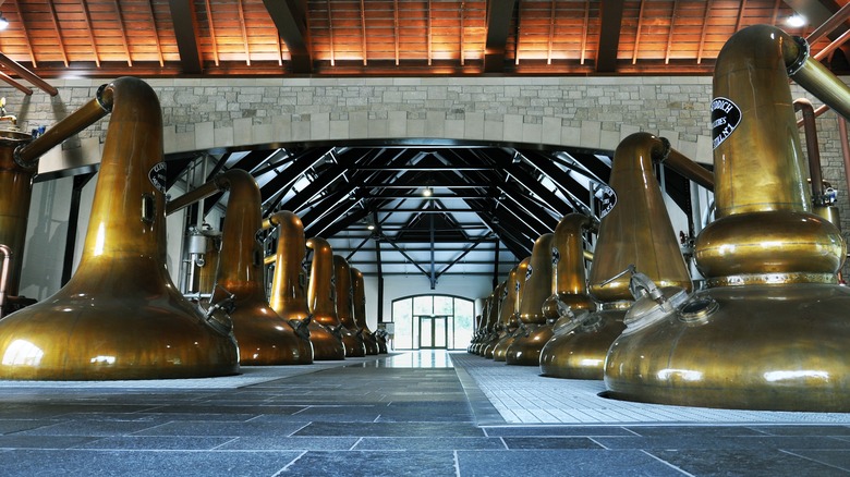 Whiskey distillery with copper stills