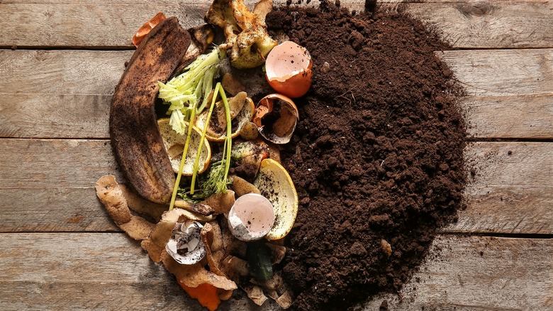 Organic compost next to soil on wood planks