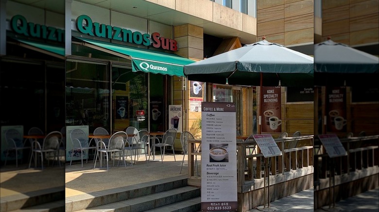 Quiznos store front and outdoor dining