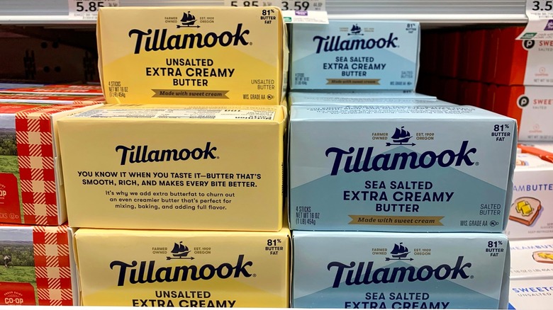 Salted and unsalted Tillamook butter packages on store shelf