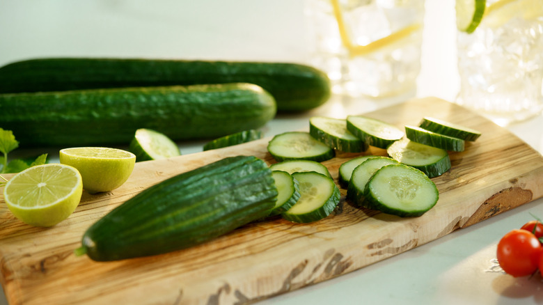 Sliced and whole cucumbers on a wooden board