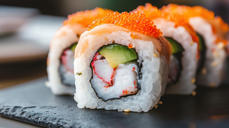 close-up of California roll on a serving tray