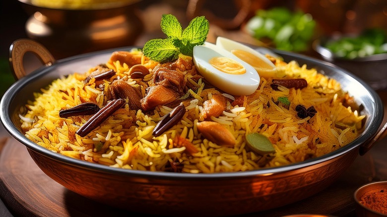 Egg and chicken biryani in black bowl