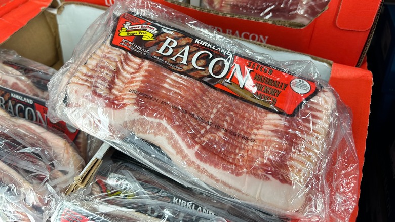 Package of Kirkland Signature bacon in store