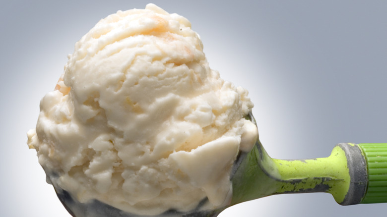 vanilla ice cream on green-handled scoop.