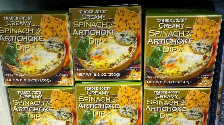 stacked boxes of frozen spinach and artichoke dip