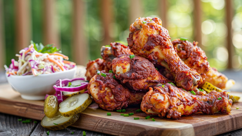 Fried chicken drumsticks served with coleslaw.