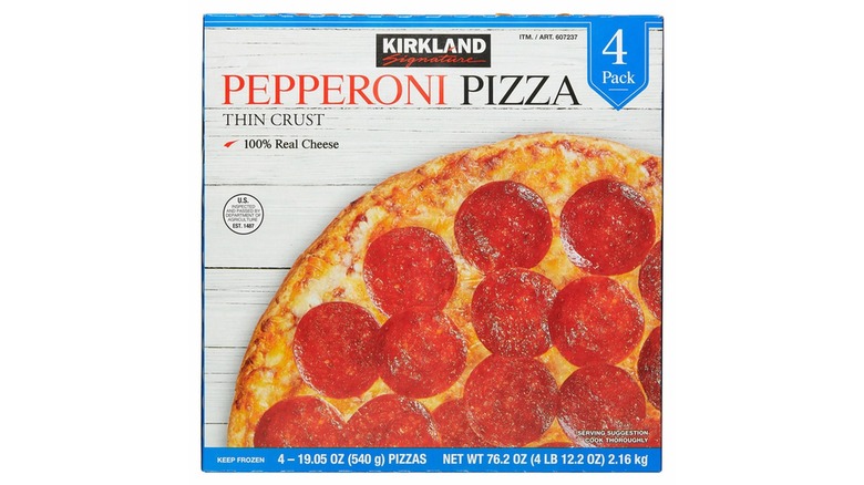 Package of Kirkland Signature Pepperoni Pizza on shelf