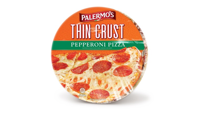 Package of Palermo's Thin Crust Pepperoni Pizza on white and orange towel