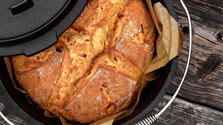 Dutch oven with onion bread inside