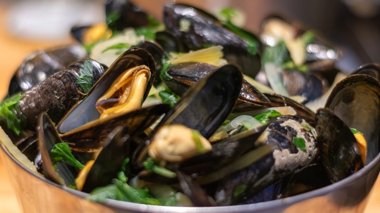 Mussels served in a bowl at a restaurant