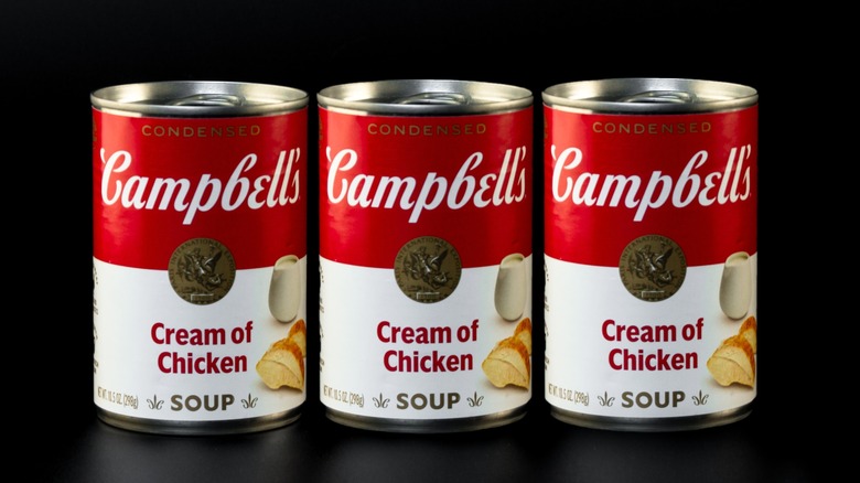 Three cans of Campbell's Cream of Chicken soup