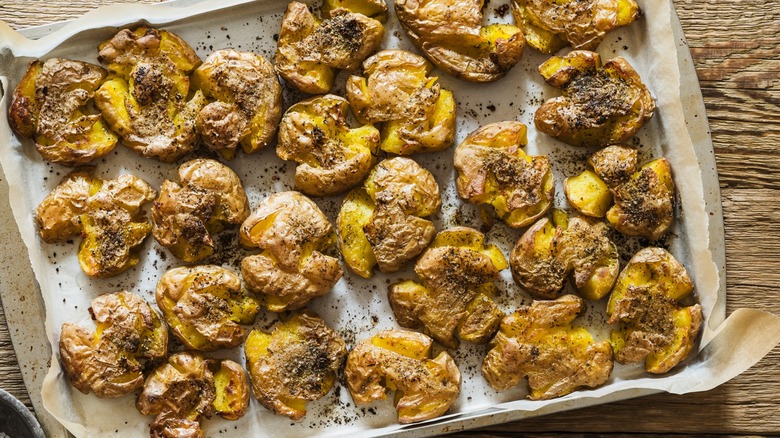 Smashed potatoes on sheet pan