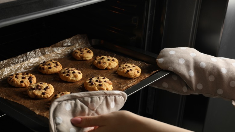 removing chocolate chip cookies from oven