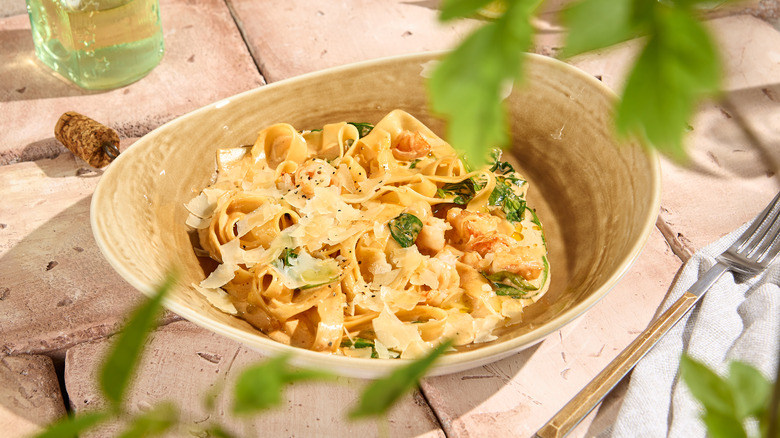 Bowl of tagliatelle in the sun