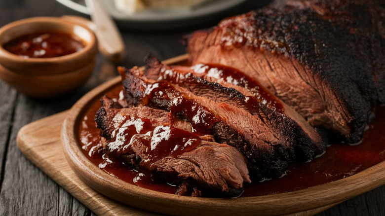 Sliced brisket with barbecue sauce.