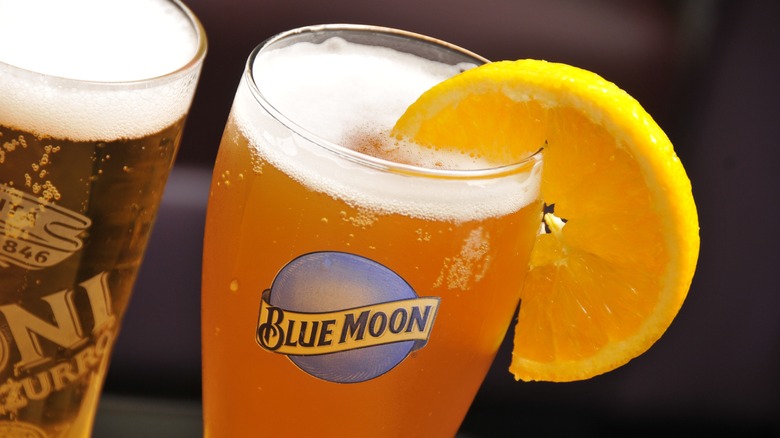 Blue moon beer with orange garnish