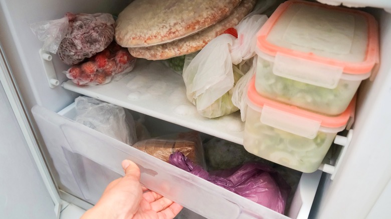 Person opening drawer in stocked freezer