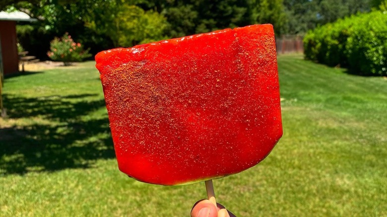 watermelon wedge on a stick wrapped in fruit leather and topped with chamoy and tajin