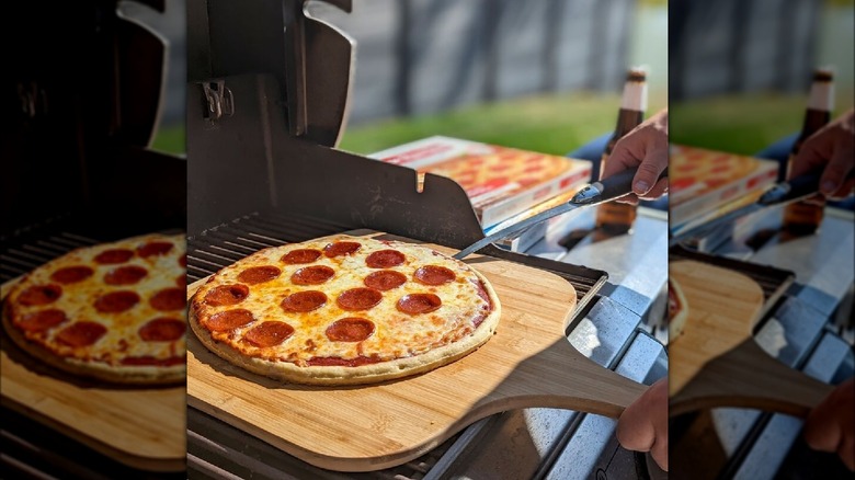 Grilled Home Run Inn frozen pizza on a pizza peel