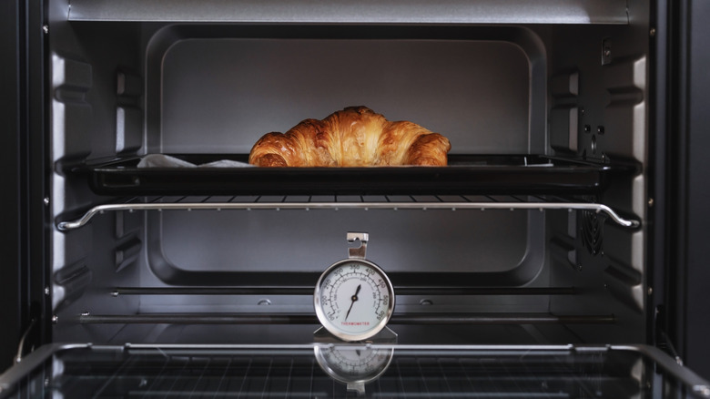 croissant and a thermometer in a toaster oven